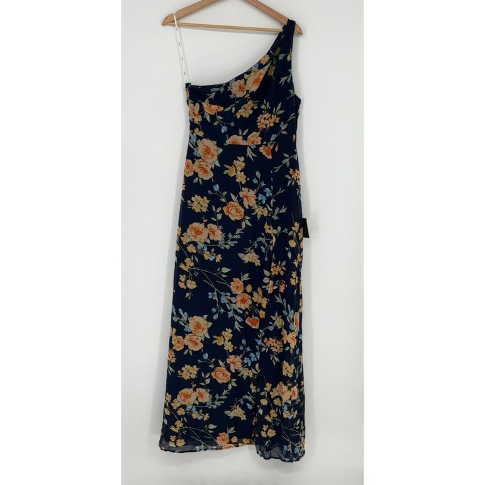 Lulu's Elegant Admiration Navy One-Shoulder Floral Maxi with Peach Blooms